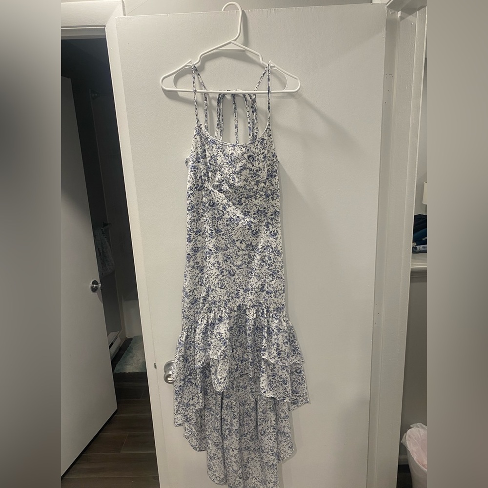 Lulus Blue and White floral high-low wedding guest dress